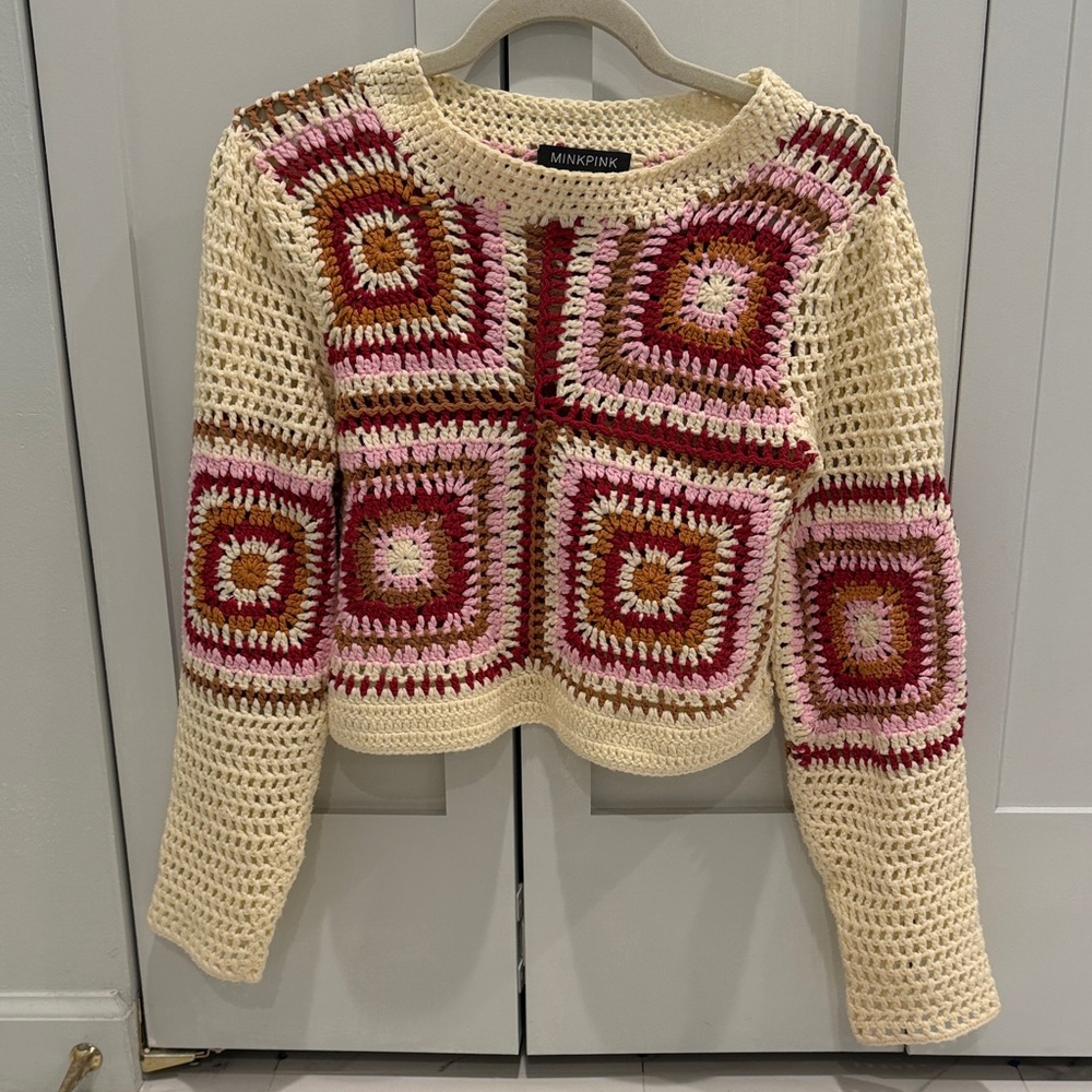 MINKPINK Women's Crochet Sweater - Cream and Pink Squares